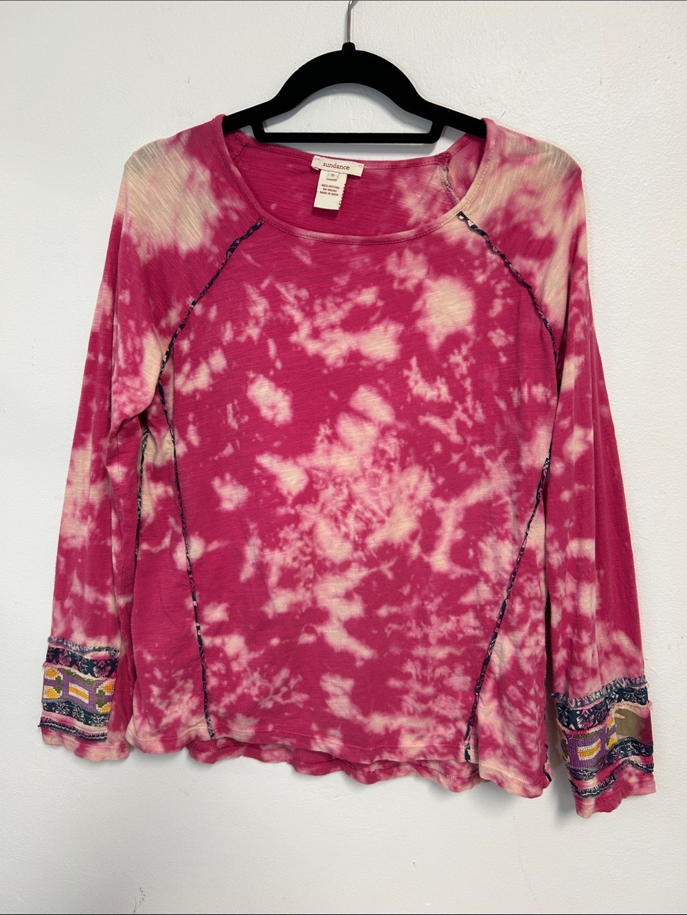 Sundance Boho Earthy Tie Dye Long Sleeve Distressed Embroidered Tee Womens S